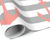 Papier Cadeau Gris et blanc avec corail Ancre nautique (Coin rond)