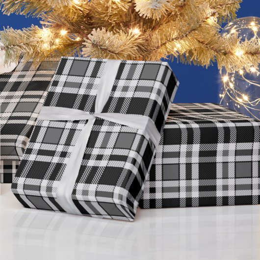 Papier Cadeau Gris Noir Blanc Flanné Plaid Tartan Design