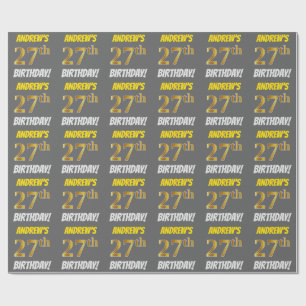 Papier Cadeau Gris, Or Faux/Imitation, "27e ANNIVERSAIRE"