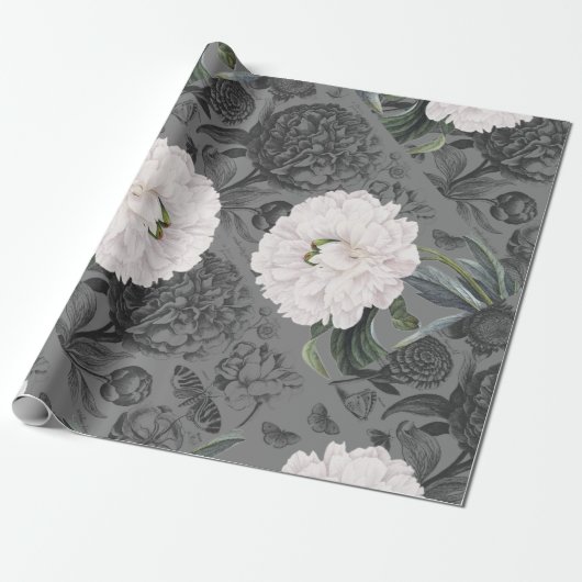 Papier Cadeau Gris romantique de pivoine blanche (Déroulé)