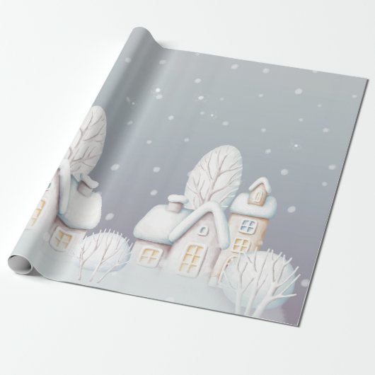 Papier cadeau gris violet maison de neige (Déroulé)
