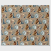 Papier Cadeau Grizzly et cônes de pin bleu rustique Kraft (Plat)