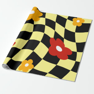 Papier Cadeau Groovy Daisy Floral Damier, Y2K 90s Emballage