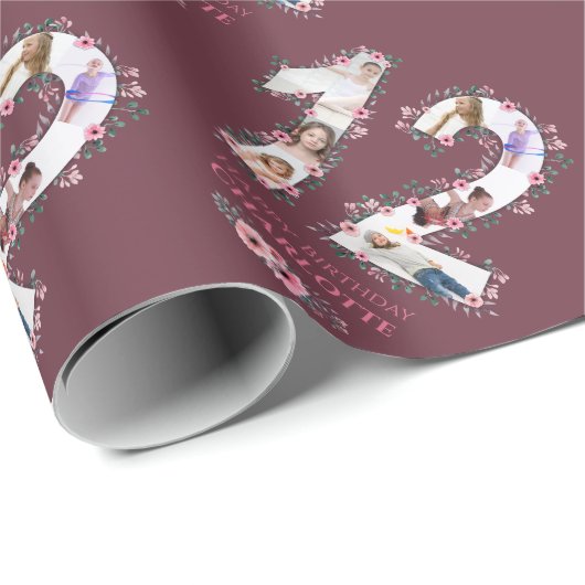 Papier Cadeau Gros 12ème anniversaire Photo Girl Collage Fleur r (Coin rond)