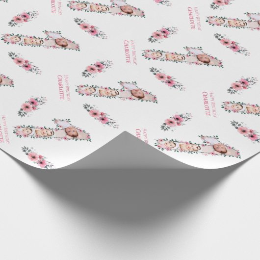 Papier Cadeau Gros 1er anniversaire fille photo Collage Fleur ro (Coin)
