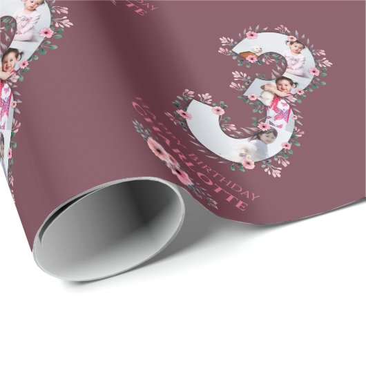Papier Cadeau Gros 3ème anniversaire fille photo Collage Fleur r (Coin rond)