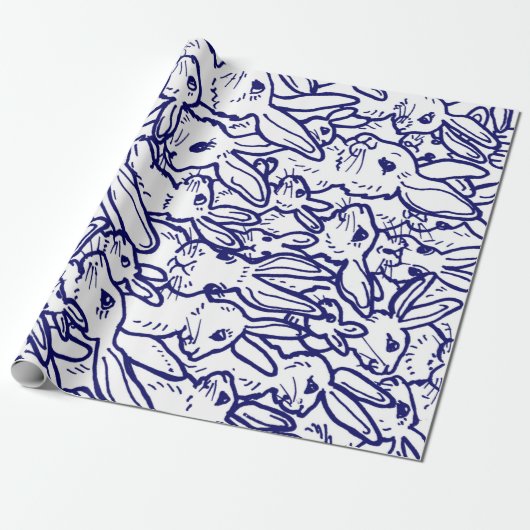 Papier Cadeau Gros Motif de lapin blanc bleu marine (Déroulé)