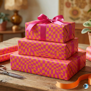 Papier Cadeau Groseille Orange Damné Quadrillé Rétro
