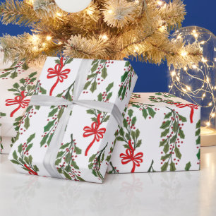 Papier Cadeau Grosse Garlande verte à vaches rouges Noël