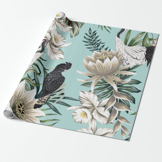 Papier Cadeau Grue vintage tropicale, perroquet, lotus flowe (Déroulé)