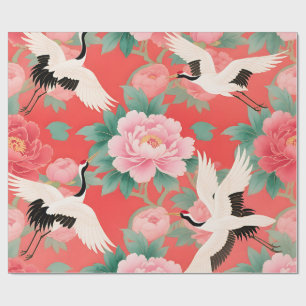 Papier Cadeau Grues japonaises pivoines rouges élégance chinoise