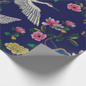 Papier Cadeau Grues japonaises, vagues et fleurs. Broderie (Coin)