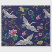 Papier Cadeau Grues japonaises, vagues et fleurs. Broderie (Plat)
