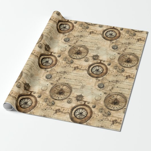 Papier Cadeau Grunge Rustic Steampunk Horloge (9) (Déroulé)