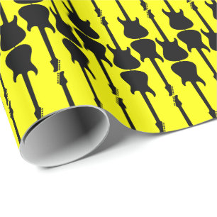 Papier Cadeau Guitare électrique noire musique rayures, jaune