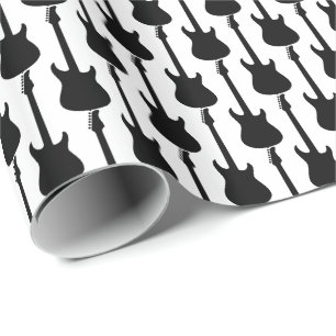 Papier Cadeau Guitare électrique noire rayures sur fond blanc