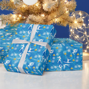 Papier Cadeau Gymnastique Noël bleu étincelle Motif blanc