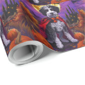 Papier Cadeau Halloween Bernedoodle Chien Citrouille peur (Coin rond)
