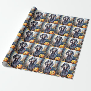 Papier Cadeau Halloween Bluetick Coonhound avec citrouilles Épou