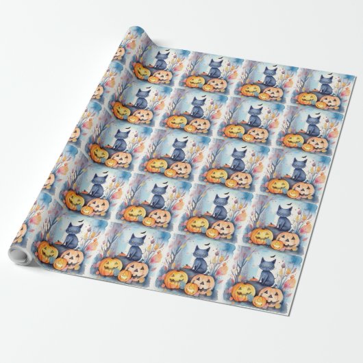 Papier Cadeau Halloween Chat Bleu Oriental Avec Peur Citrouille (Déroulé)