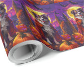 Papier Cadeau Halloween Chien Berger Australien Citrouille peur (Coin rond)