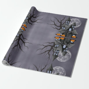 Papier Cadeau Halloween Éffrayant Haunted Maison & Citrouille
