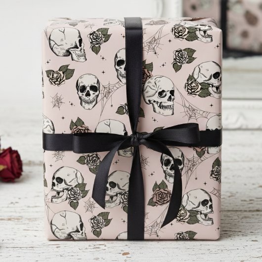 Papier Cadeau Halloween éffrayant rose floral petit crâne