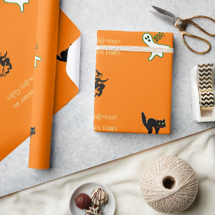 Papier Cadeau Halloween Fun Éffrayant Chat Ghost Sorcière Texte 
