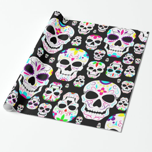 Papier Cadeau halloween gothique crânes de sucre noir (Déroulé)
