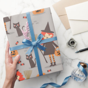 Papier Cadeau Halloween mignonne sorcière, Citrouille, Chat noir