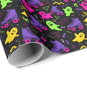 Papier Cadeau Halloween monogramme néon fantômes et patins