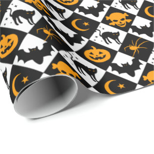 Papier Cadeau Halloween noir blanc Orange arlequin Motif