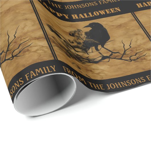 Papier Cadeau Halloween noir corbeau effrayant (Coin rond)