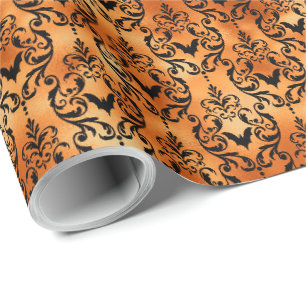 Papier Cadeau Halloween noir et orange chauve-souris