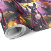 Papier Cadeau Halloween Rat Terrier Vampire Citrouilles effroi (Coin rond)