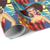 Papier Cadeau Halloween rétro Pin-up sorcière (Coin rond)