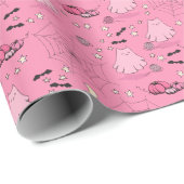 Papier Cadeau Halloween rose et gris mignon Fantôme de chat (Coin rond)