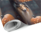 Papier Cadeau Halloween Rough Collie Avec Citrouille effroi (Coin rond)