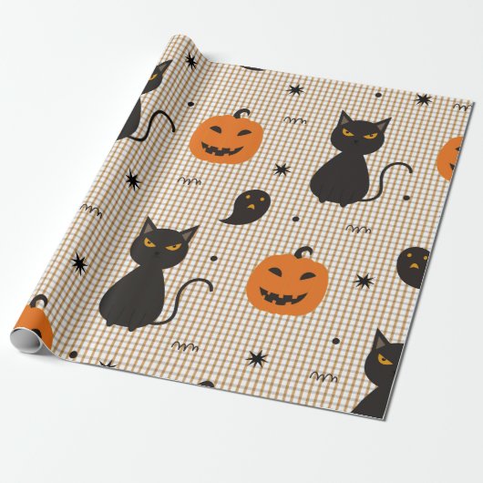 Papier Cadeau Halloween sans couture motif avec chat noir et gho (Déroulé)