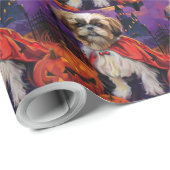Papier Cadeau Halloween Shih Tzu Vampire Citrouilles effroi (Coin rond)