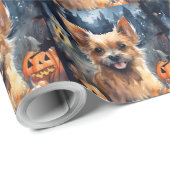 Papier Cadeau Halloween Terrier Australien Avec Peur Citrouille (Coin rond)