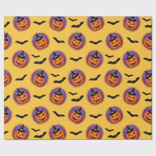 Papier Cadeau Halloween Traites Jack-O-Lantern & chauves-souris