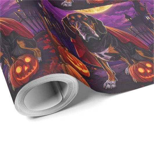 Papier Cadeau Halloween Treeing Walker Vampire Citrouilles effro (Coin rond)