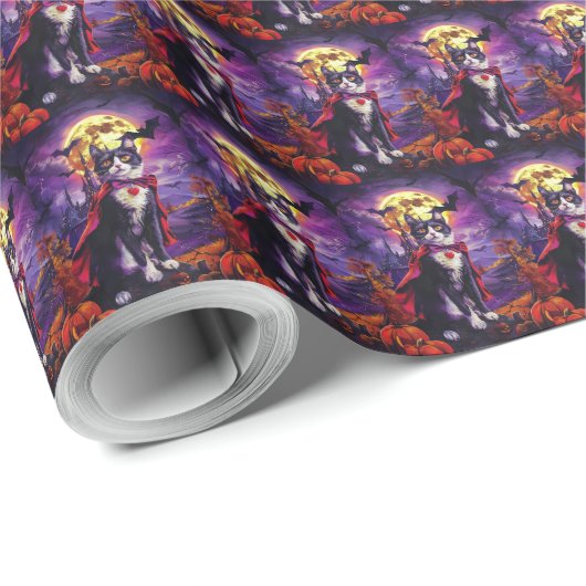 Papier Cadeau Halloween Tuxedo Chat Vampire Citrouilles effroi (Coin rond)