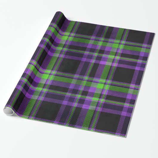 Papier Cadeau Halloween violet et vert plaid (Déroulé)