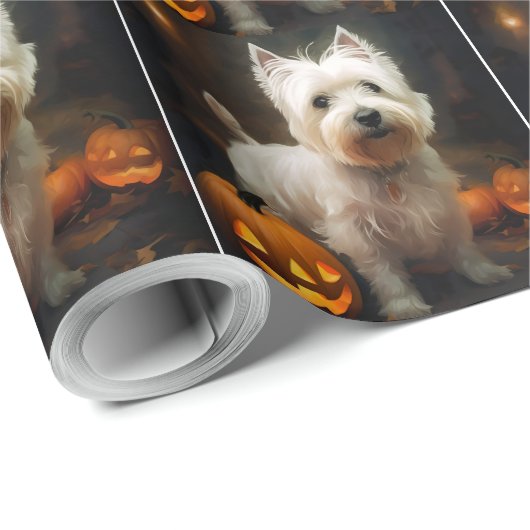 Papier Cadeau Halloween West Highland White Terrier Citrouilles (Coin rond)