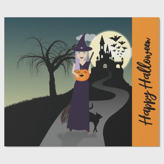 Papier Cadeau Halloween Witch Citrouille Chat noir Votre texte (Plat)