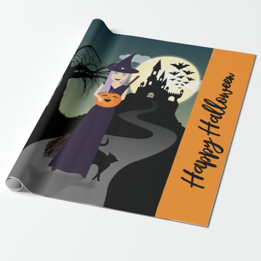 Papier Cadeau Halloween Witch Citrouille Chat noir Votre texte (Déroulé)