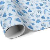 Papier Cadeau Hand Drawn Blue Winter Pattern Wrapping Paper Roll (Coin rond)