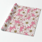 Papier Cadeau Hand Drawn Pink Daisy White Floral Pattern (Déroulé)
